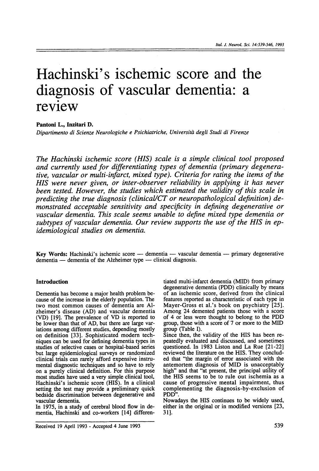 Hachinski's ischemic score and the diagnosis of vascular dementia: A review by Unknown