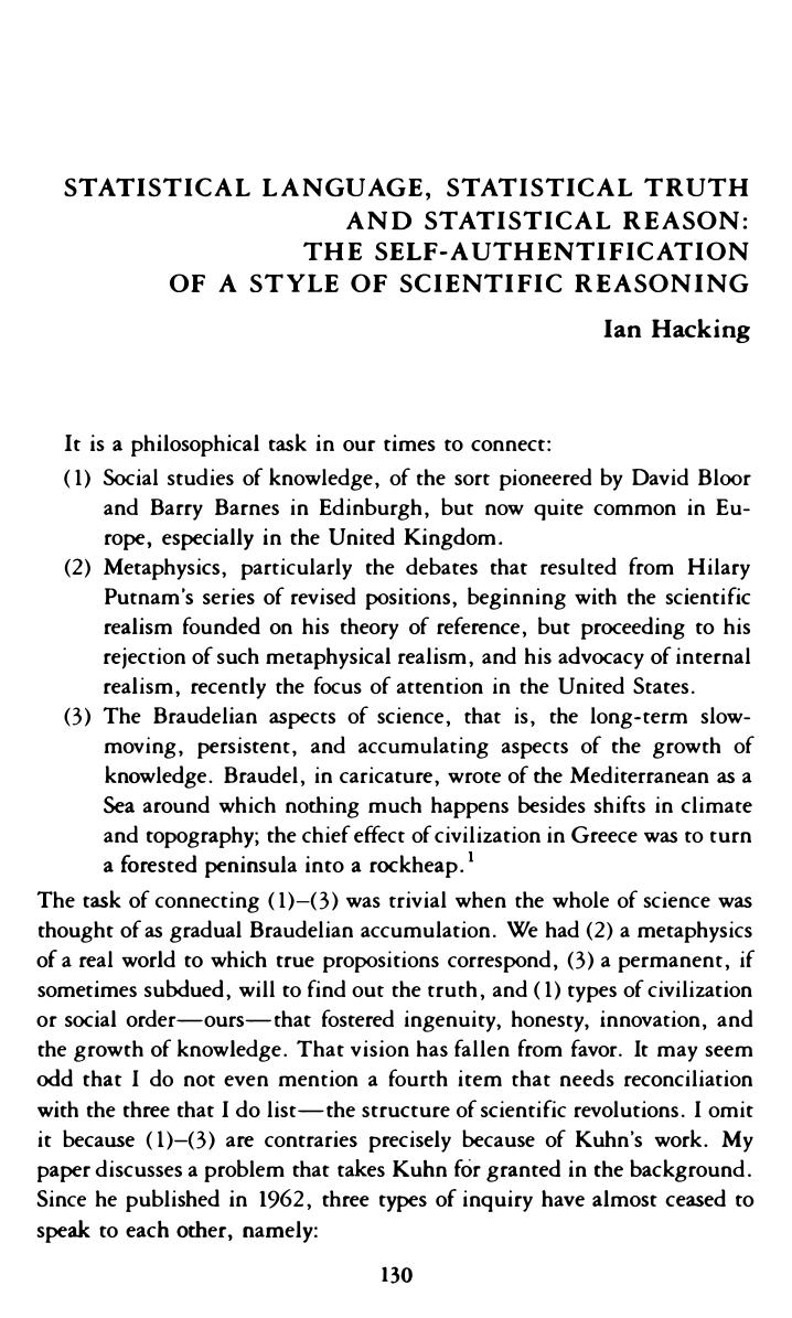 Hacking, Ian by Statistical Language Statistical Truth & Statistical Reason (1992)