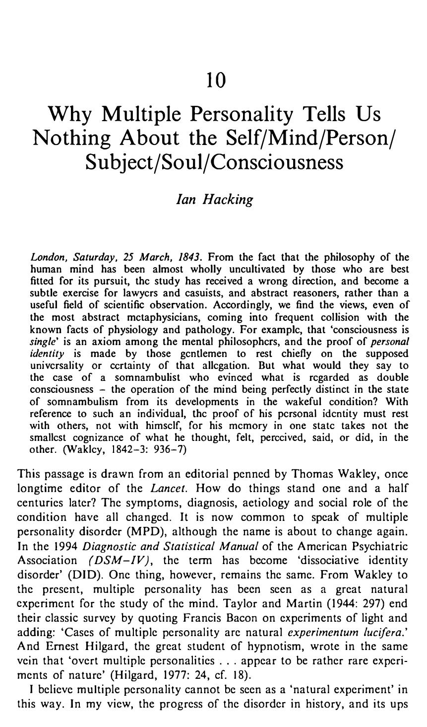 Hacking, Ian by Why Multiple Personality Tells Us Nothing about the Self... (1995)