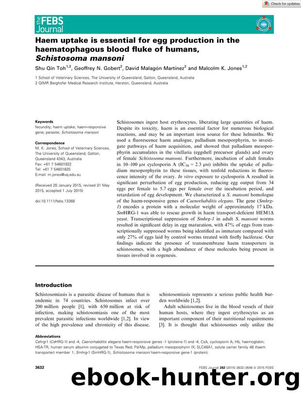 Haem uptake is essential for egg production in the haematophagous blood fluke of humans, SchistosomaÂ mansoni by Unknown