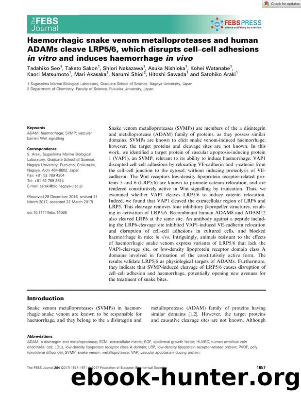 Haemorrhagic snake venom metalloproteases and human ADAMs cleave LRP56, which disrupts cellâcell adhesions in vitro and induces haemorrhage in vivo by Unknown
