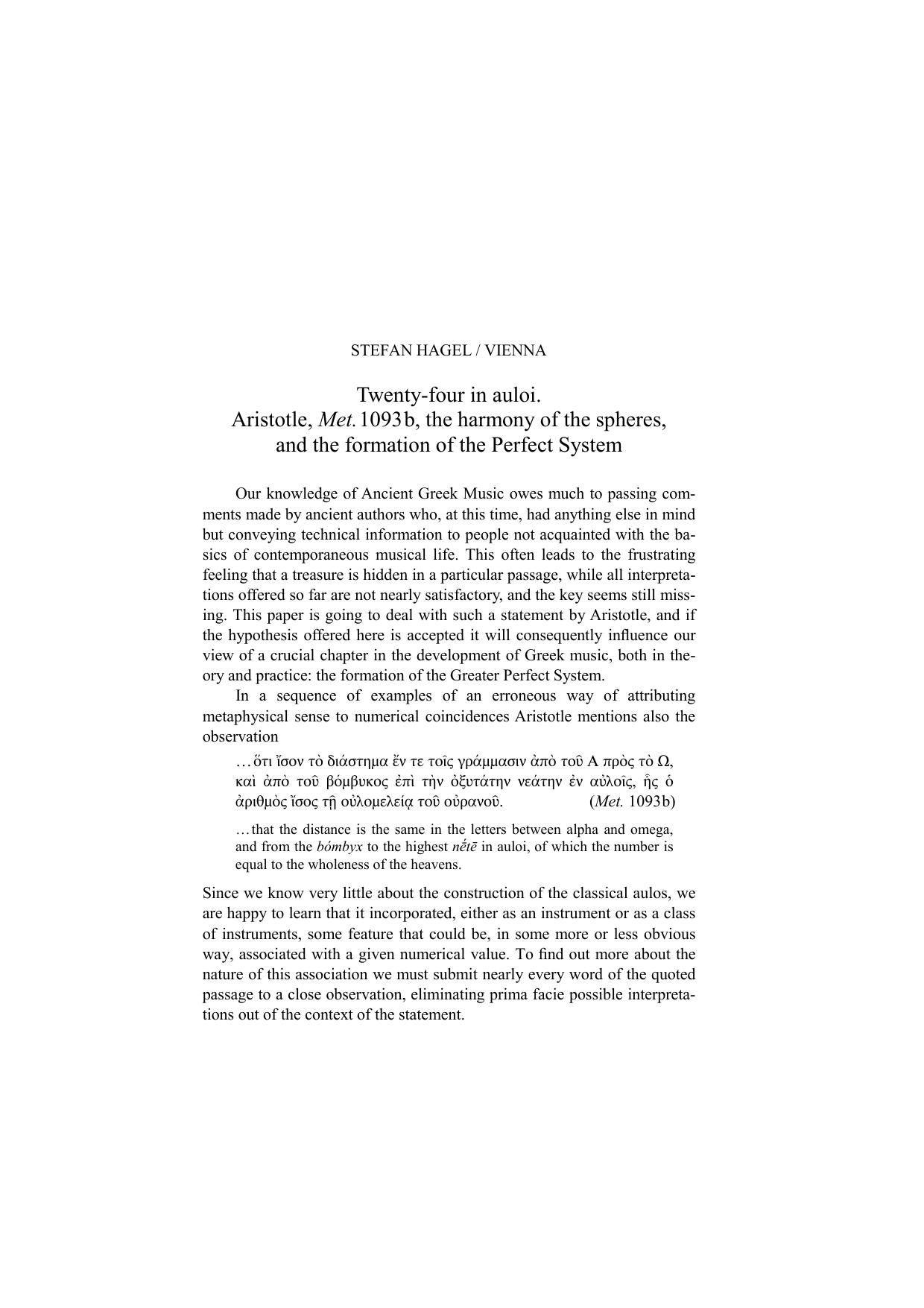 Hagel 2005 Twenty-four in auloi. Aristotle, Met.1093b, the harmony of the spheres, and the formation of the Perfect System.pdf by Hagel