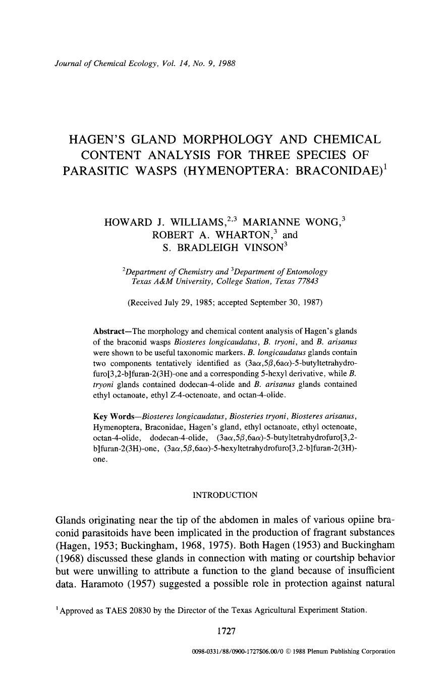 Hagen's gland morphology and chemical content analysis for three species of parasitic wasps (Hymenoptera: Braconidae) by Unknown