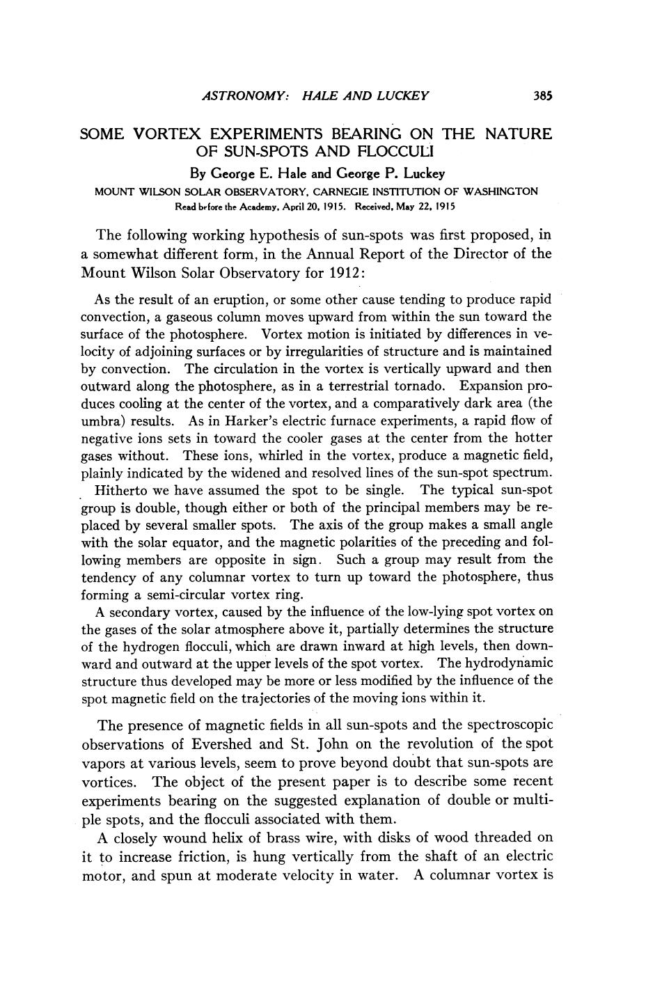 Hale G.E., Luckey G.P. Some Vortex Experiments Bearing on the Nature of Sun-Spots and Flocculi (1915)(en)(5s) by Unknown