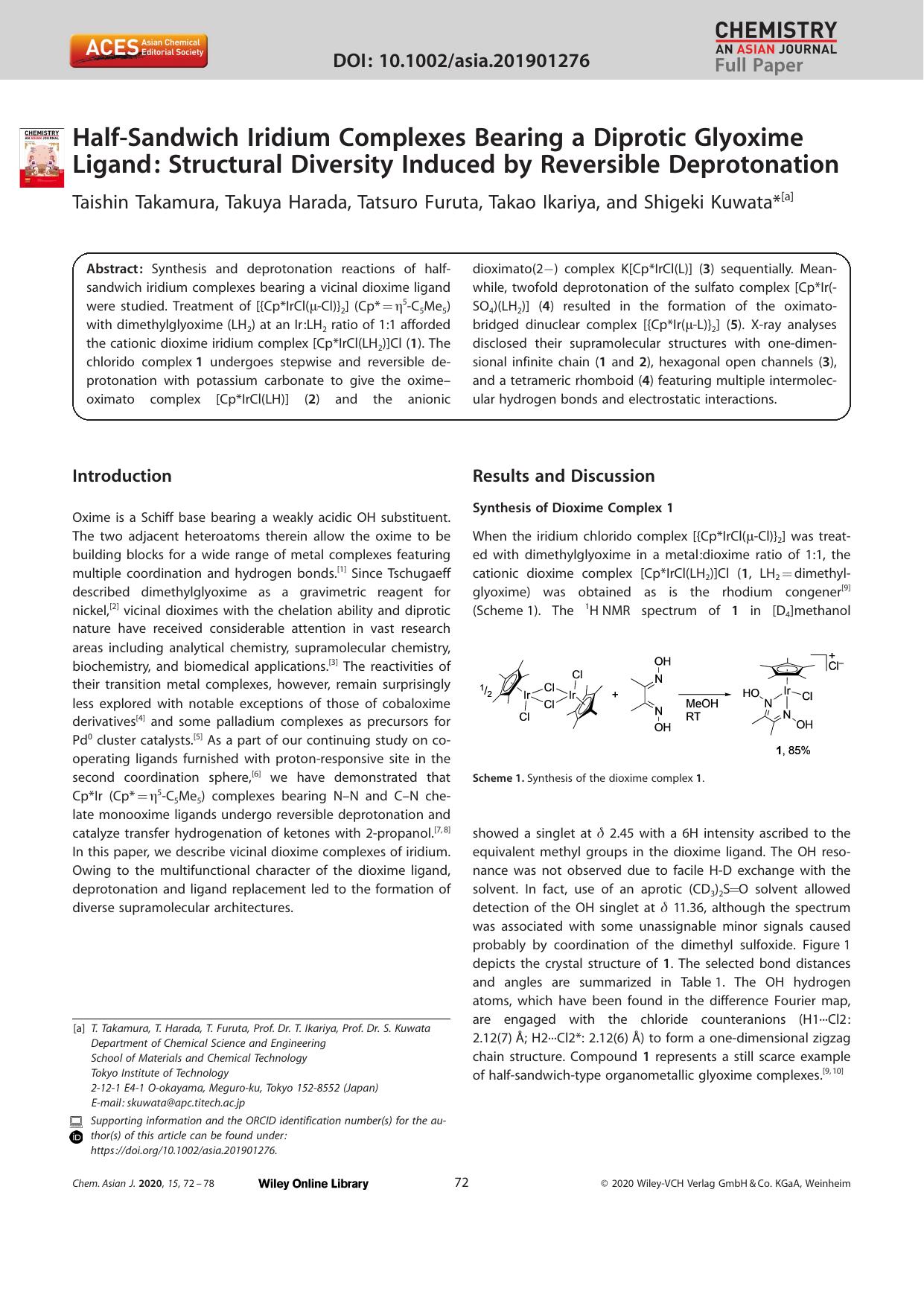 HalfâSandwich Iridium Complexes Bearing a Diprotic Glyoxime Ligand: Structural Diversity Induced by Reversible Deprotonation by Unknown