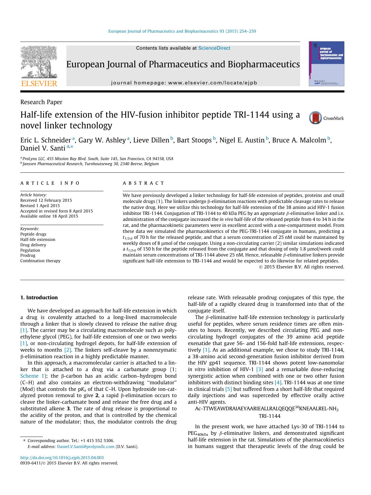Half-life extension of the HIV-fusion inhibitor peptide TRI-1144 using a novel linker technology by unknow