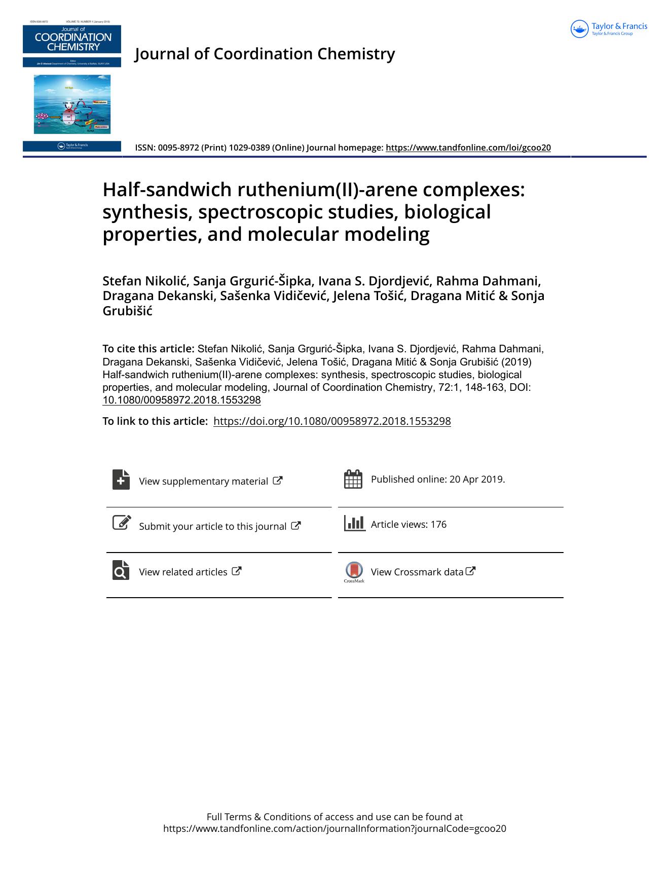 Half-sandwich ruthenium(II)-arene complexes: synthesis, spectroscopic studies, biological properties, and molecular modeling by unknow