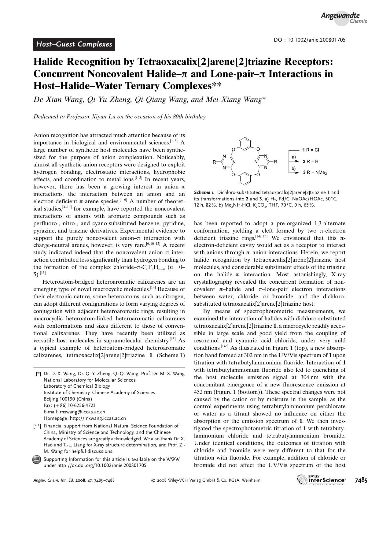 Halide Recognition by Tetraoxacalix[2]arene[2]triazine Receptors: Concurrent Noncovalent Halide-[pi] and Lone-pair-[pi] Interactions in Host-Halide-Water Ternary Complexes by Unknown