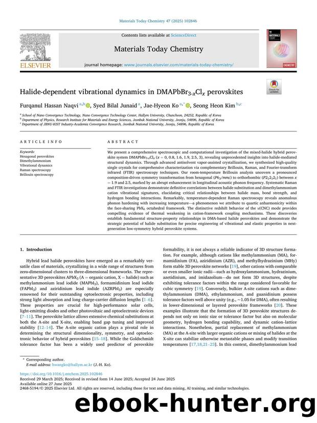 Halide-dependent vibrational dynamics in DMAPbBr3- x Cl x perovskites by Furqanul Hassan Naqvi & Syed Bilal Junaid & Jae-Hyeon Ko & Seong Heon Kim