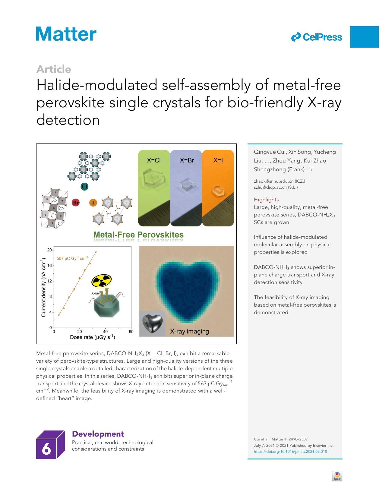 Halide-modulated self-assembly of metal-free perovskite single crystals for bio-friendly X-ray detection by unknow
