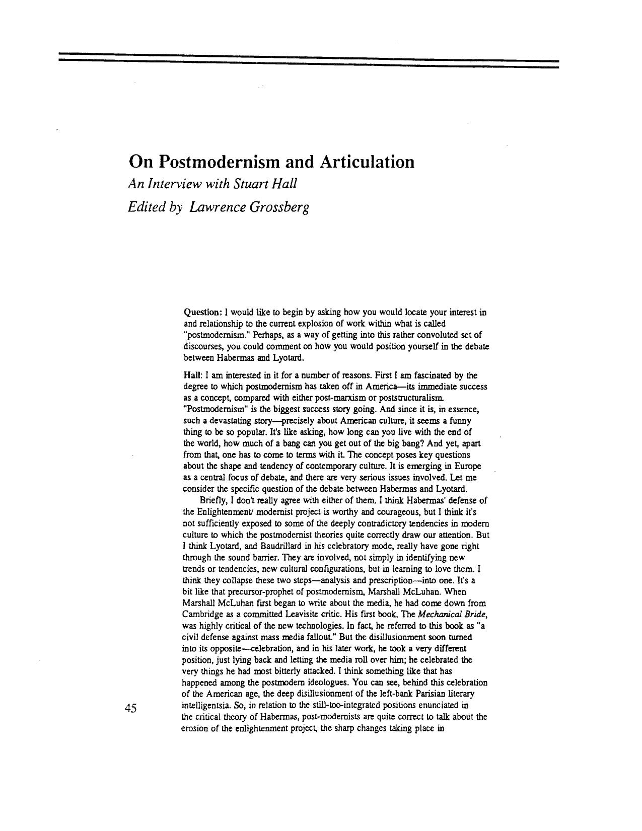 Hall S and Grossberg - On Postmodernism and Articulation by An Interview & Stuart Hall