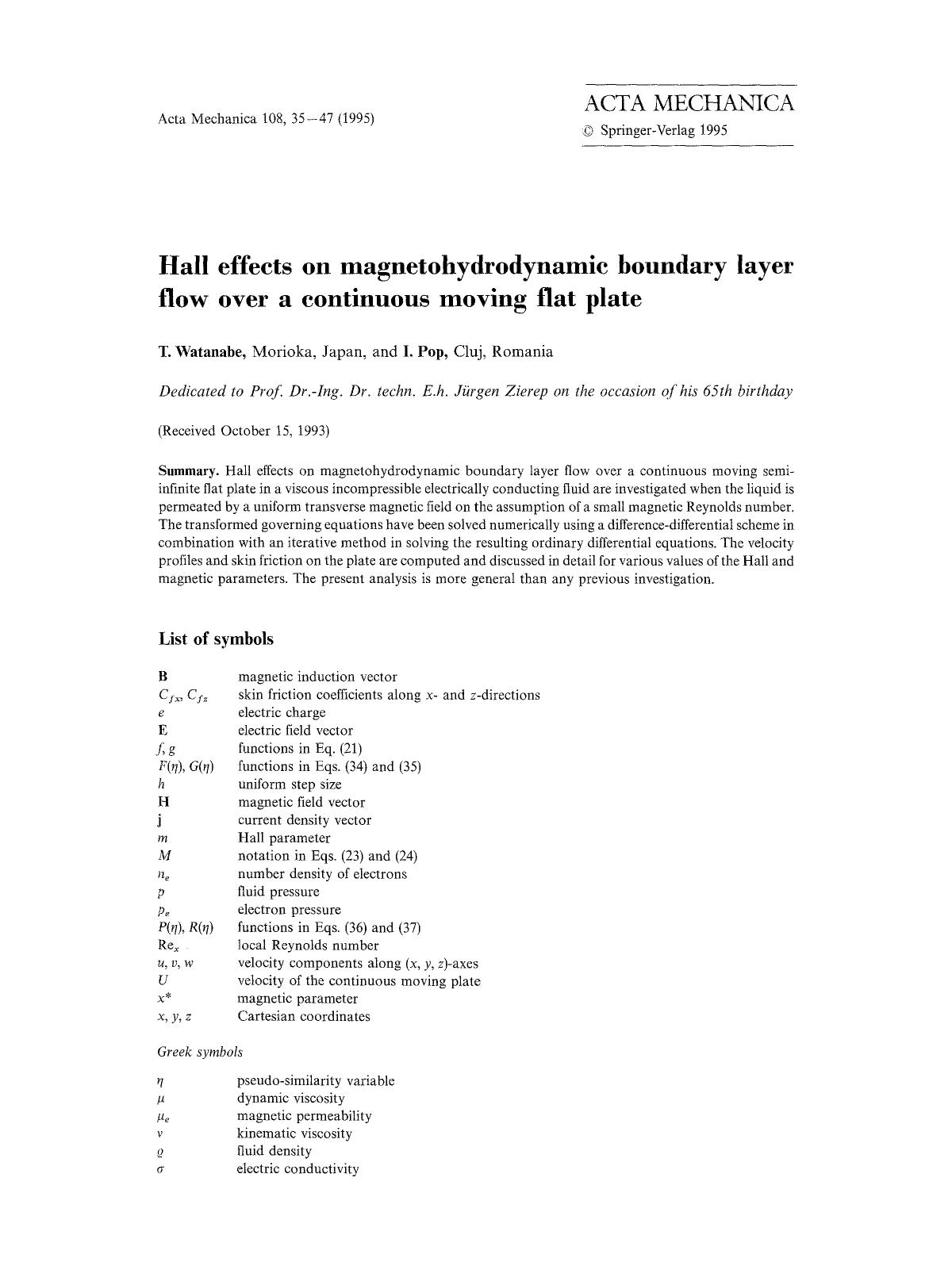 Hall effects on magnetohydrodynamic boundary layer flow over a continuous moving flat plate by Unknown