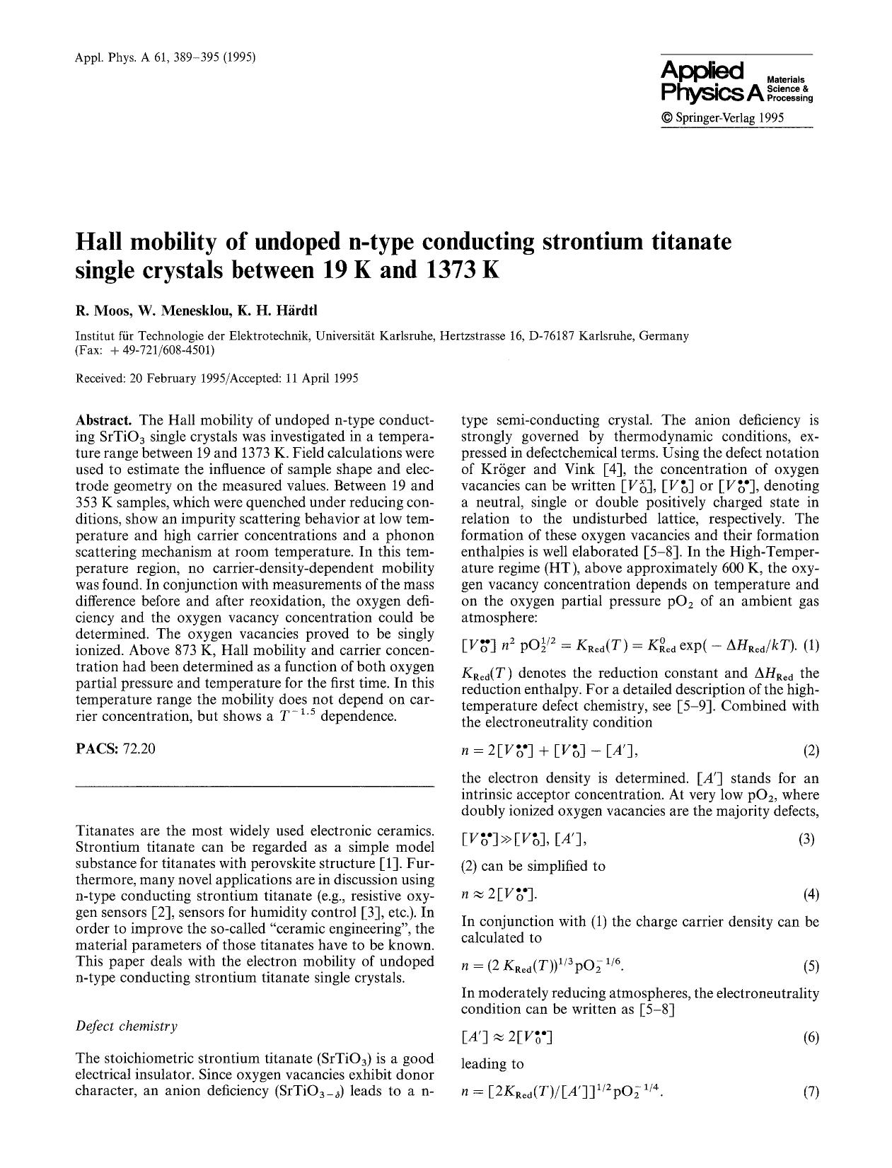 Hall mobility of undoped n-type conducting strontium titanate single crystals between 19 K and 1373 K by Unknown
