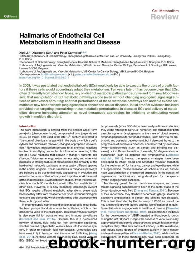 Hallmarks of Endothelial Cell Metabolism in Health and Disease by Xuri Li & Xiaodong Sun & Peter Carmeliet