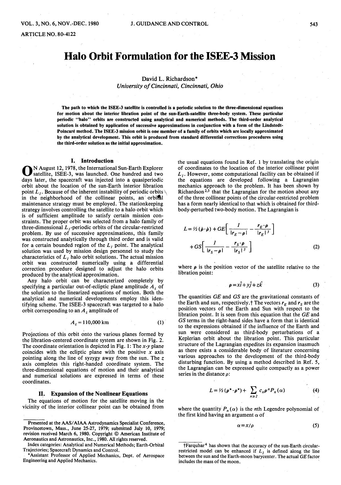 Halo Orbit Formulation for the ISEE-3 Mission by Unknown