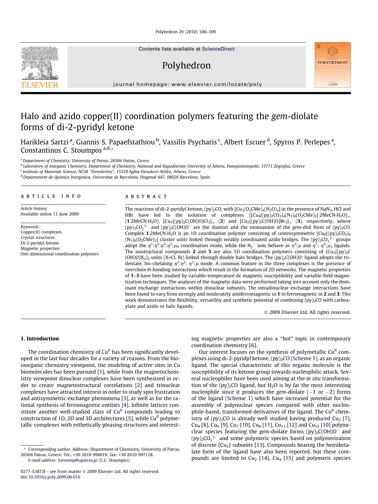 Halo and azido copper(II) coordination polymers featuring the gem-diolate forms of di-2-pyridyl ketone by unknow