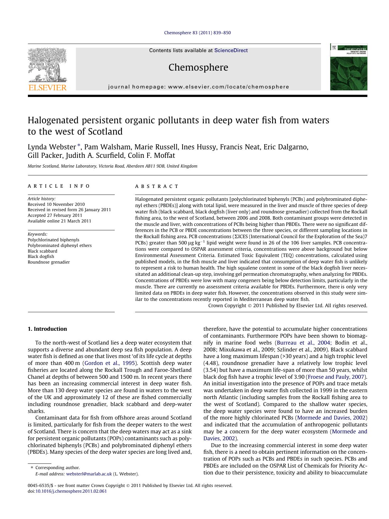 Halogenated persistent organic pollutants in deep water fish from waters to the west of Scotland by unknow