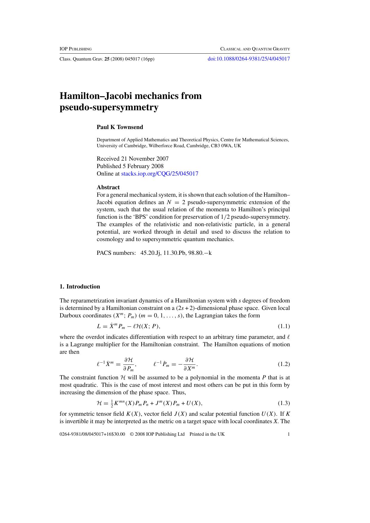 Hamilton--Jacobi mechanics from pseudo-supersymmetry by P K Townsend