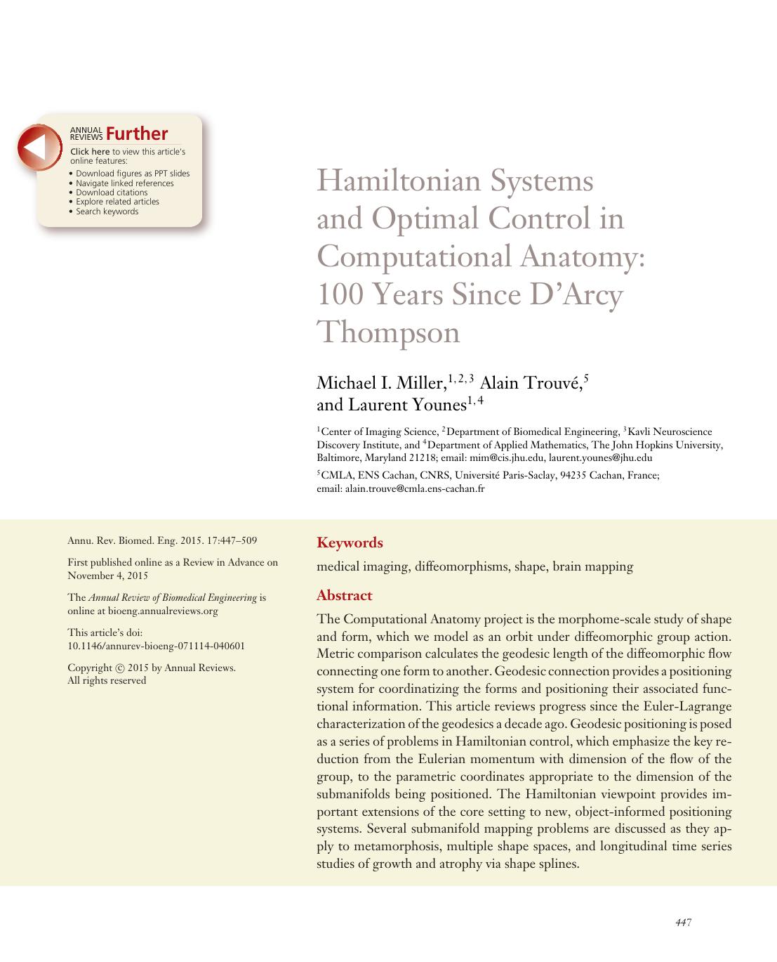Hamiltonian Systems and Optimal Control in Computational Anatomy: 100 Years Since D'Arcy Thompson by Michael I. Miller Alain Trouvé Laurent Younes