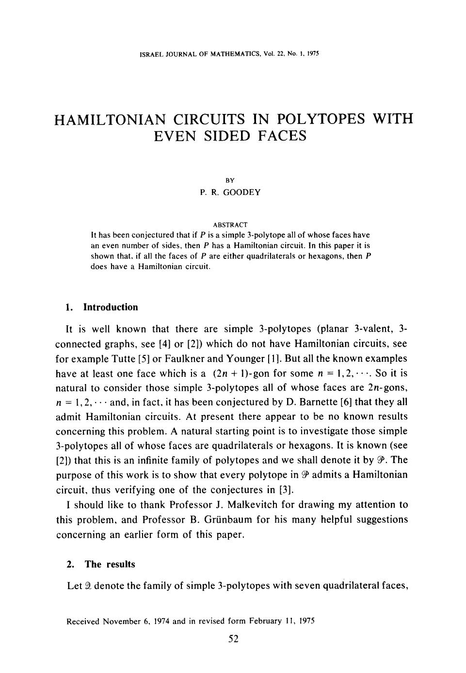 Hamiltonian circuits in polytopes with even sided faces by Unknown