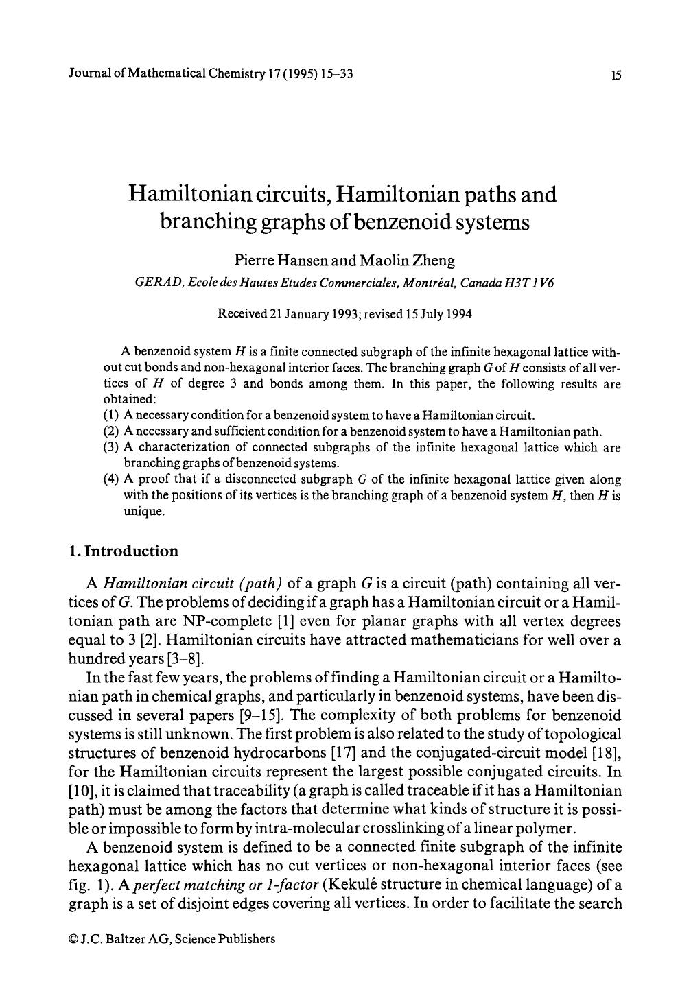 Hamiltonian circuits, Hamiltonian paths and branching graphs of benzenoid systems by Unknown