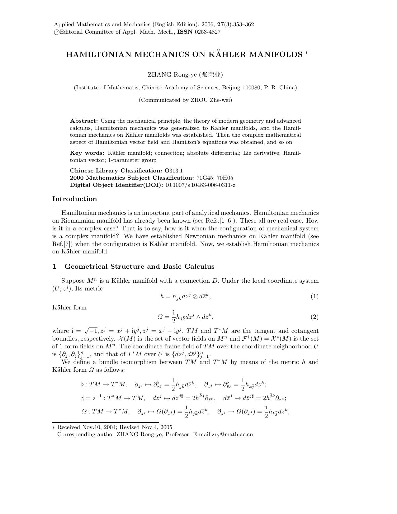 Hamiltonian mechanics on Kähler manifolds by Unknown