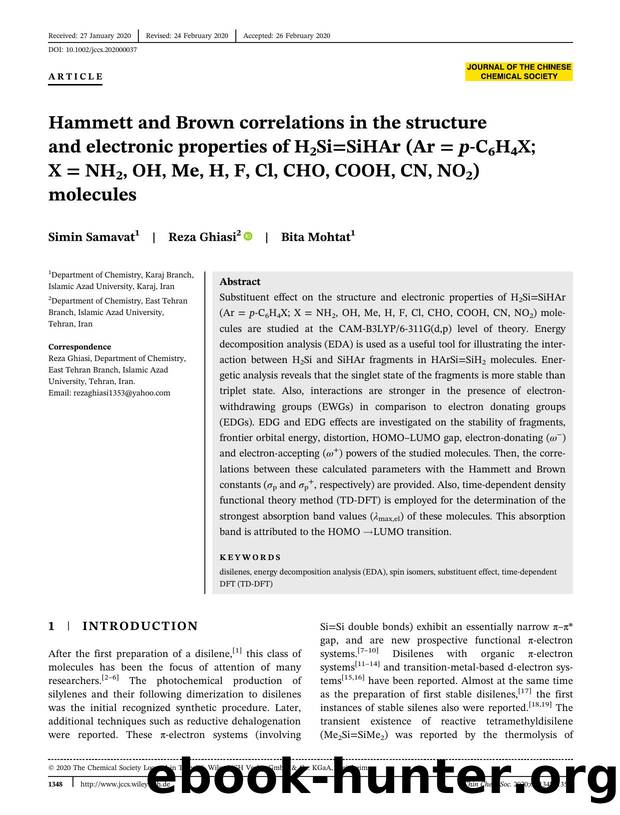 Hammett and Brown Correlations in the structure and electronic properties of H2Si=SiHAr (Ar = para-C6H4X; X = NH2, OH, Me, H, F, Cl, CHO, COOH, CN, NO2) molecules by Unknown