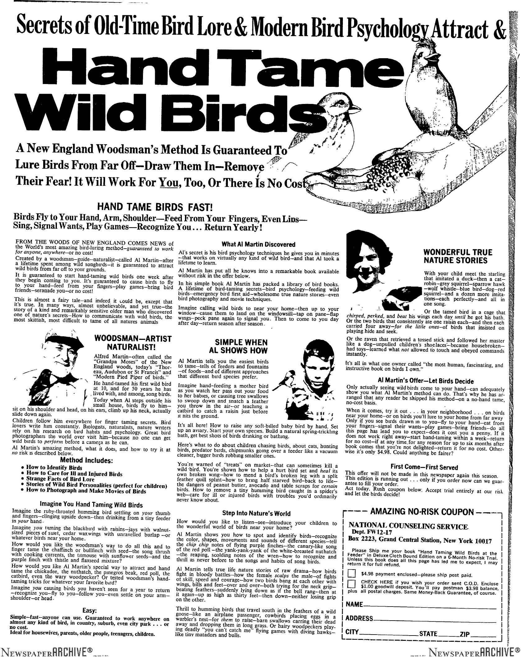 Hand-Tame Wild Birds by Copyright 2005 Heritage Microfilm Inc. & Newspaperarchive.com