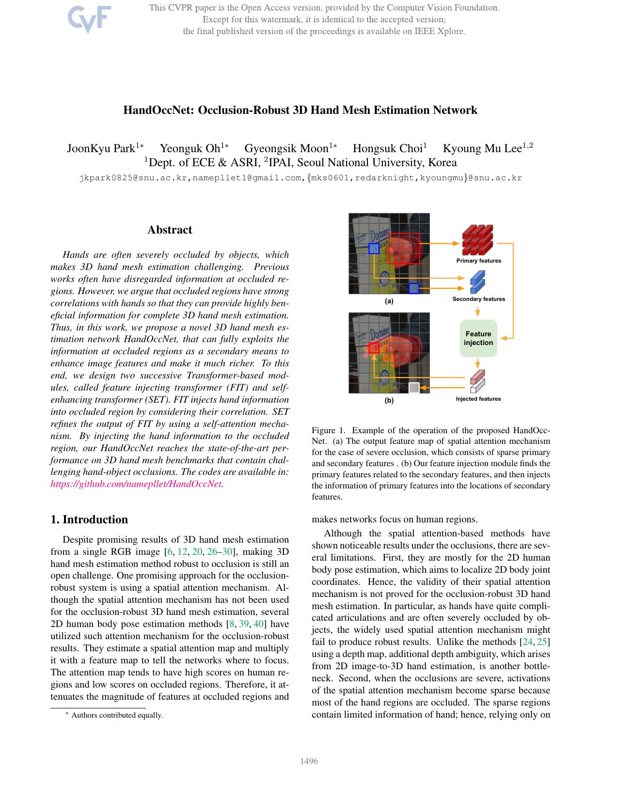 HandOccNet: Occlusion-Robust 3D Hand Mesh Estimation Network by JoonKyu Park & Yeonguk Oh & Gyeongsik Moon & Hongsuk Choi & Kyoung Mu Lee