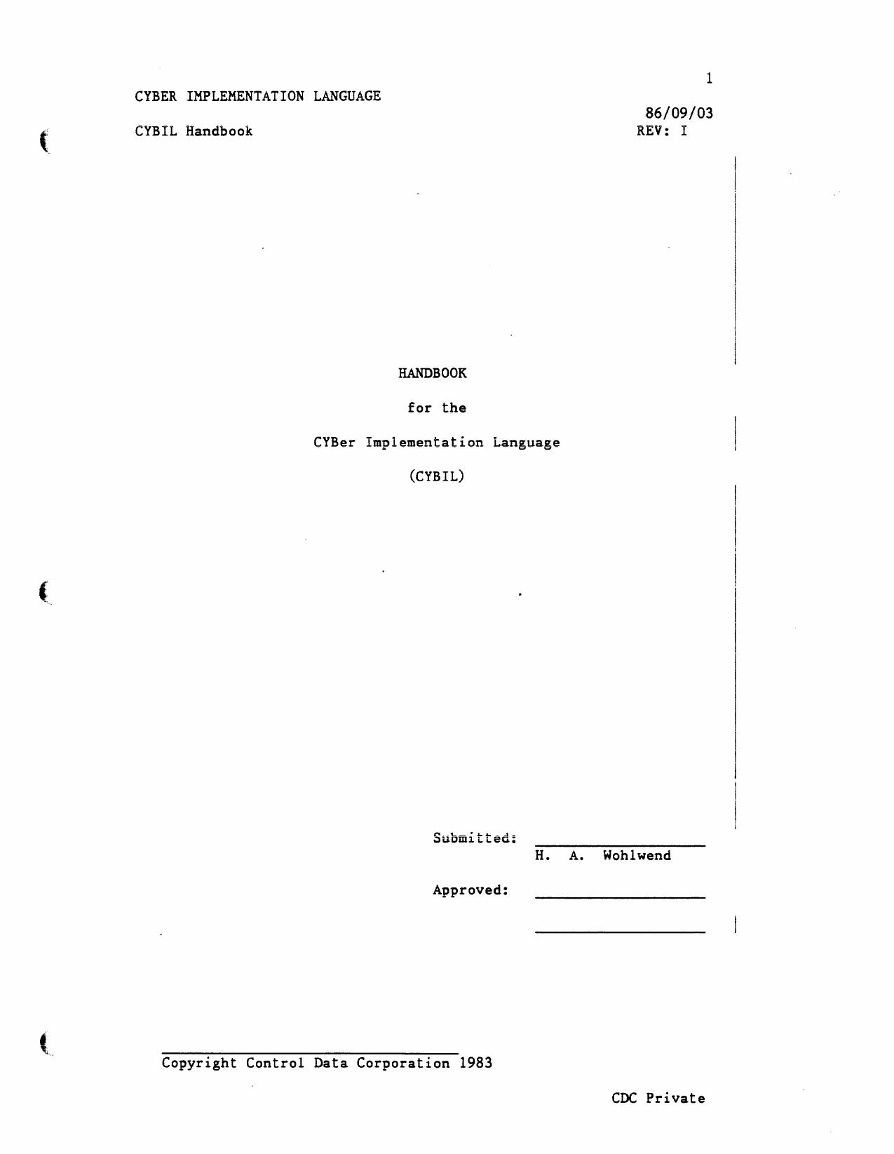 Handbook for the CYBer Implementation Language Sep86 by Unknown