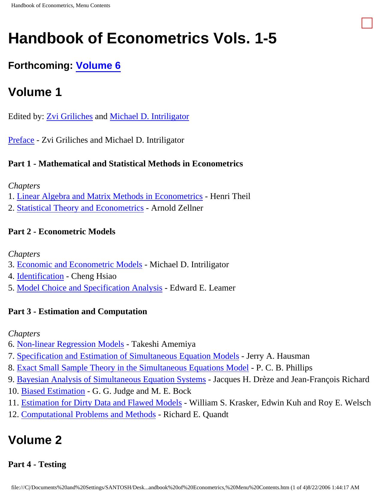 Handbook of Econometrics Volume 1 by Z. Griliches (Editor) M.D. Intriligator (Editor)