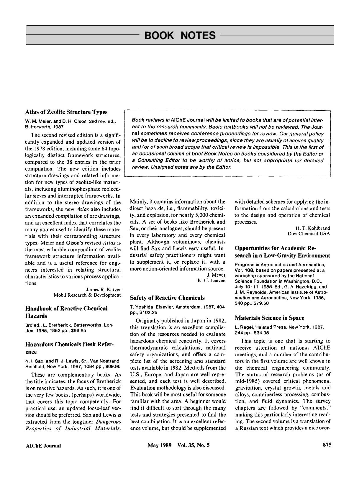 Handbook of reactive chemical hazards. 3rd ed., L. Bretherick, Butterworths, London, 1985, 1852 pp., [dollar]99.95 by Unknown