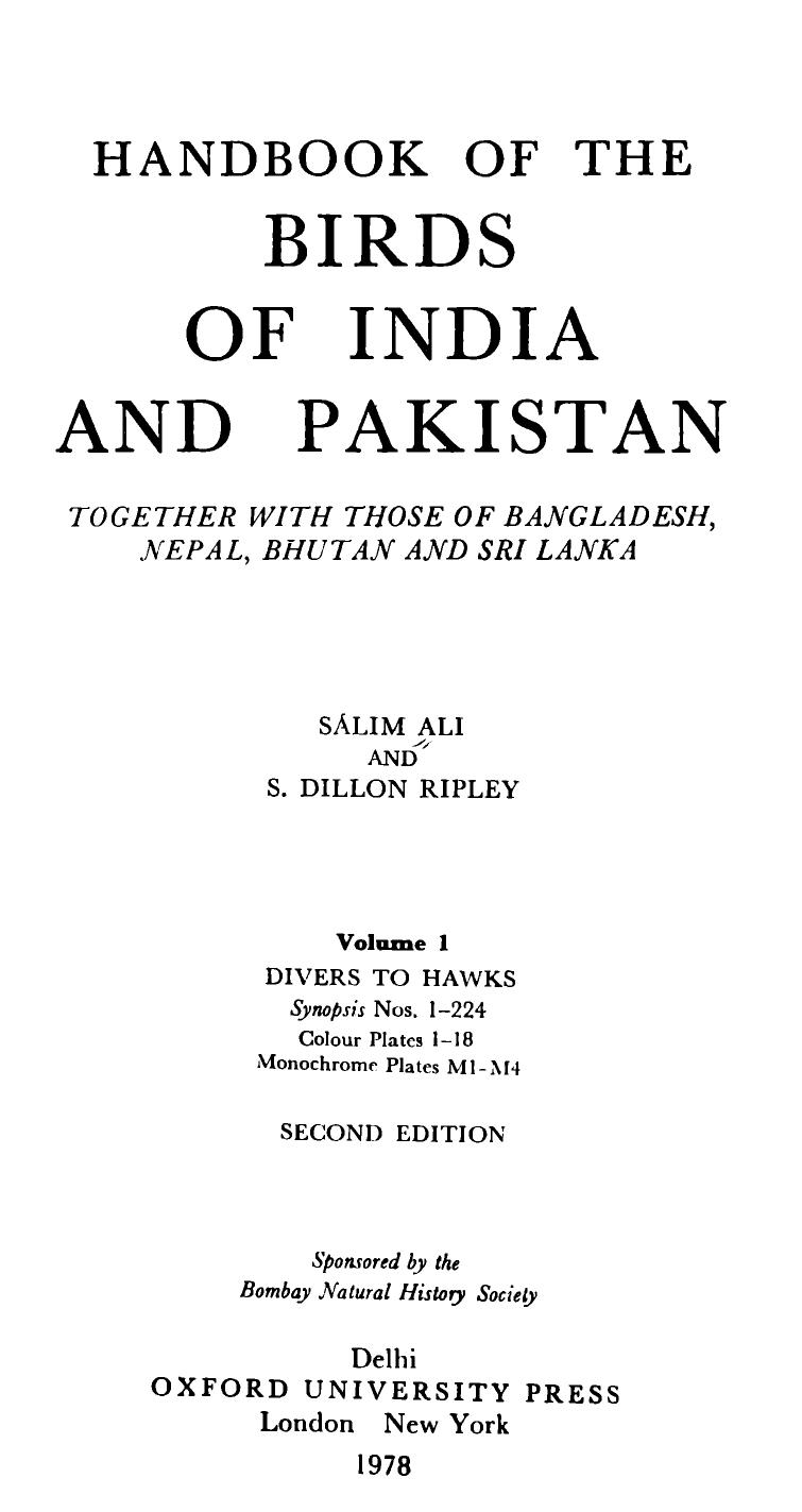 Handbook of the Birds of India and Pakistan Vol 1: Divers to Hawks Together with those of Bangladesh, Nepal, Bhutan and Sri Lanka by ALI