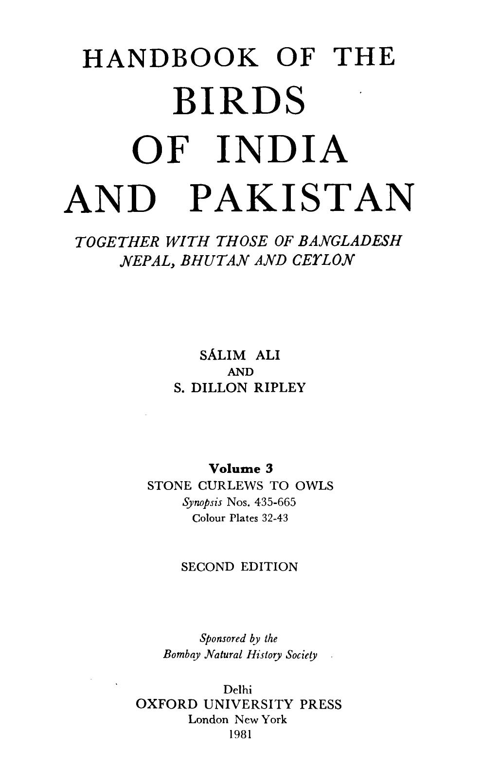 Handbook of the Birds of India and Pakistan: Stone Curlews to Owls by Salim Ali S. Dillon Ripley