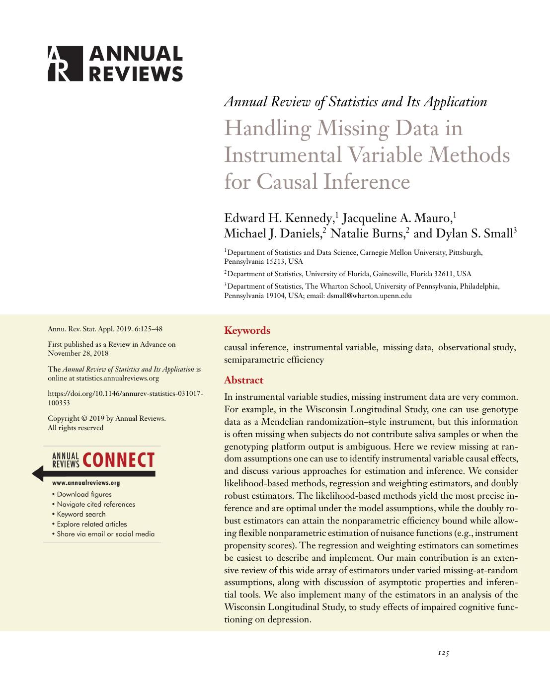 Handling Missing Data in Instrumental Variable Methods for Causal Inference by Edward H. Kennedy Jacqueline A. Mauro Michael J. Daniels Natalie Burns Dylan S. Small