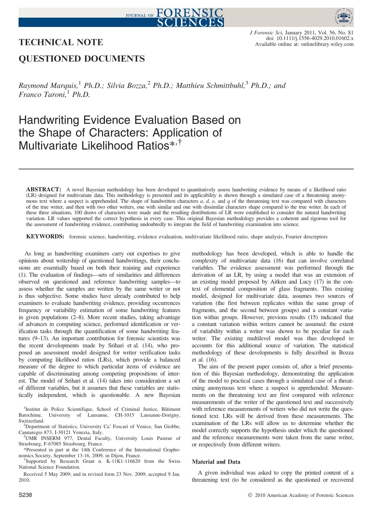 Handwriting Evidence Evaluation Based on the Shape of Characters: Application of Multivariate Likelihood Ratios, by Unknown