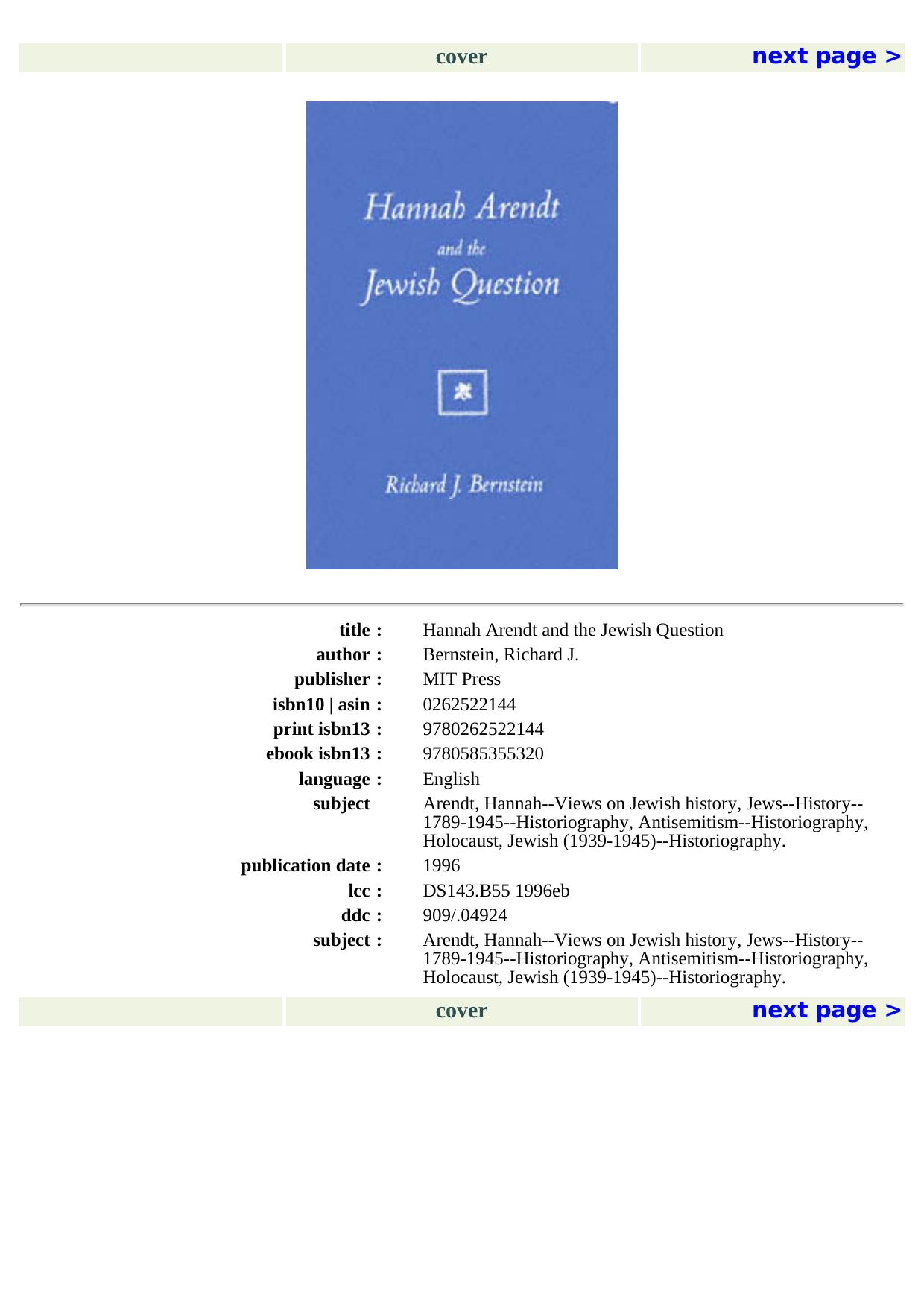 Hannah Arendt and the Jewish Question by Richard J. Bernstein