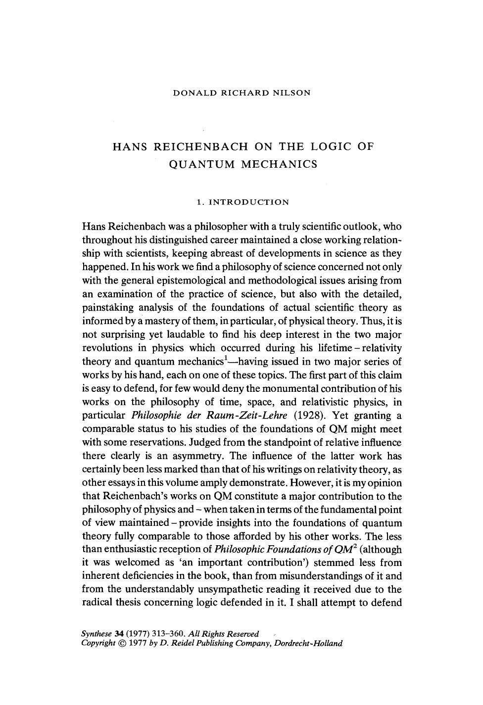 Hans reichenbach on the logic of quantum mechanics by Unknown