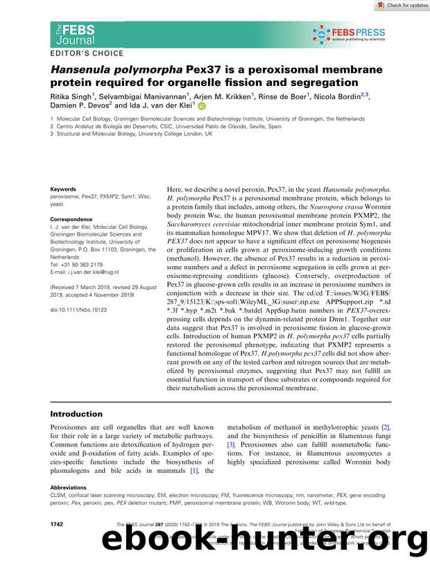 HansenulaÂ polymorpha Pex37 is a peroxisomal membrane protein required for organelle fission and segregation by Unknown