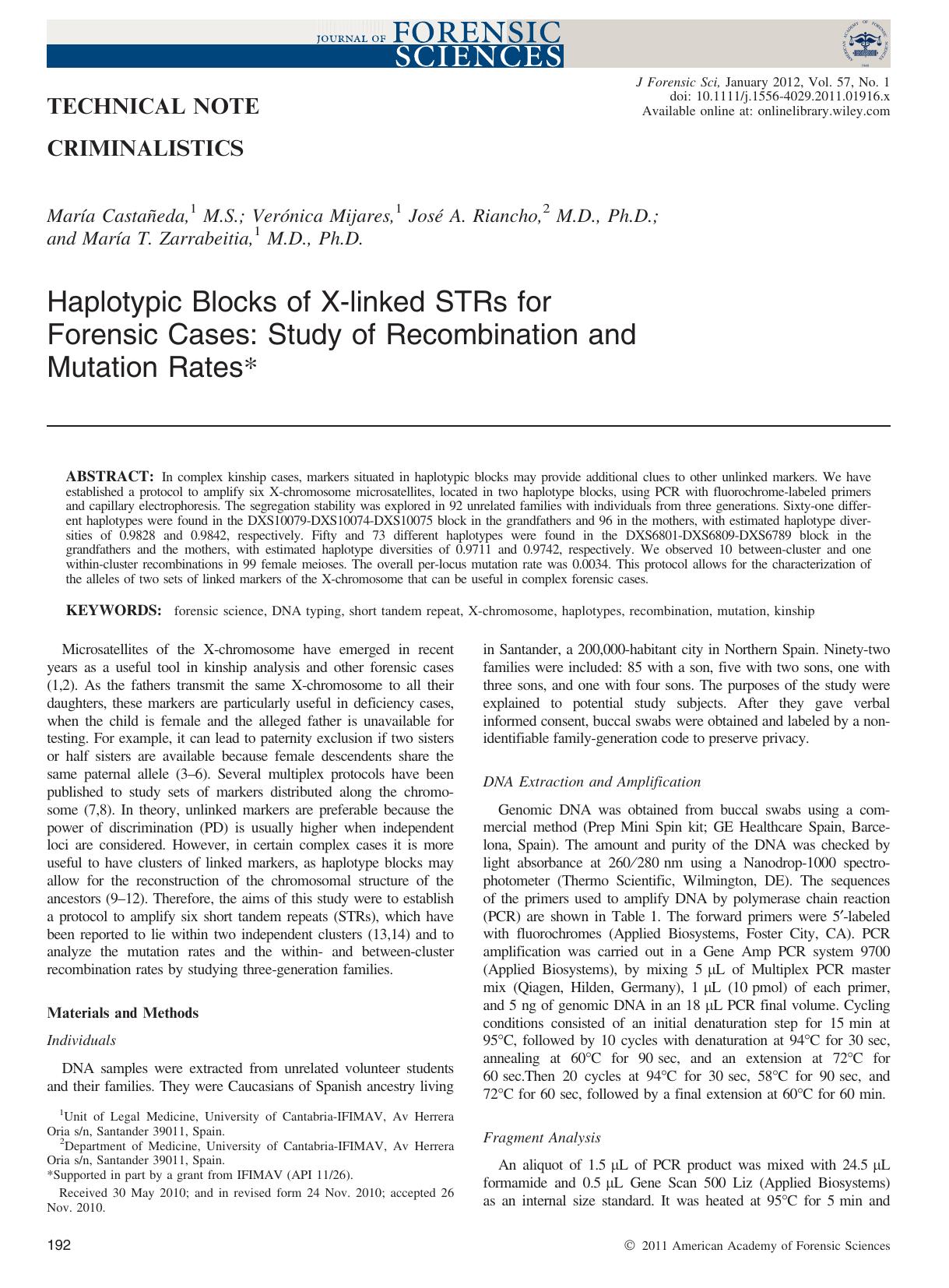 Haplotypic Blocks of Xlinked STRs for Forensic Cases: Study of Recombination and Mutation Rates by Unknown