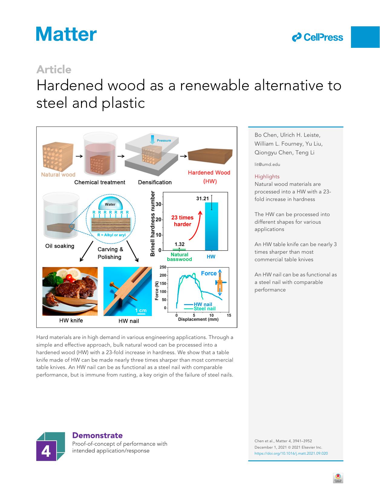 Hardened wood as a renewable alternative to steel and plastic by Bo Chen & Ulrich H. Leiste & William L. Fourney & Yu Liu & Qiongyu Chen & Teng Li
