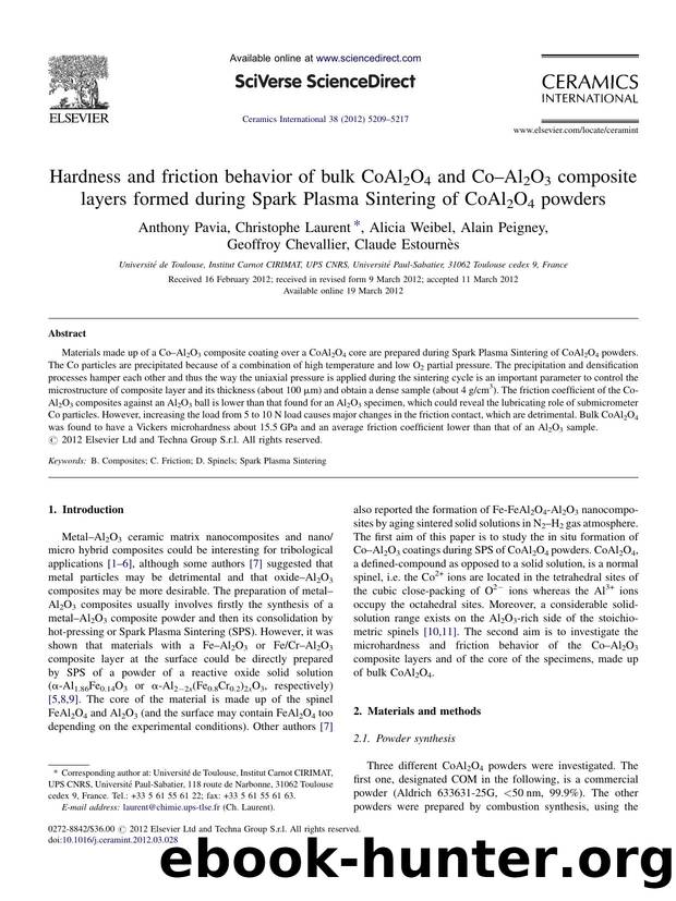 Hardness and friction behavior of bulk CoAl2O4 and CoâAl2O3 composite layers formed during Spark Plasma Sintering of CoAl2O4 powders by Anthony Pavia