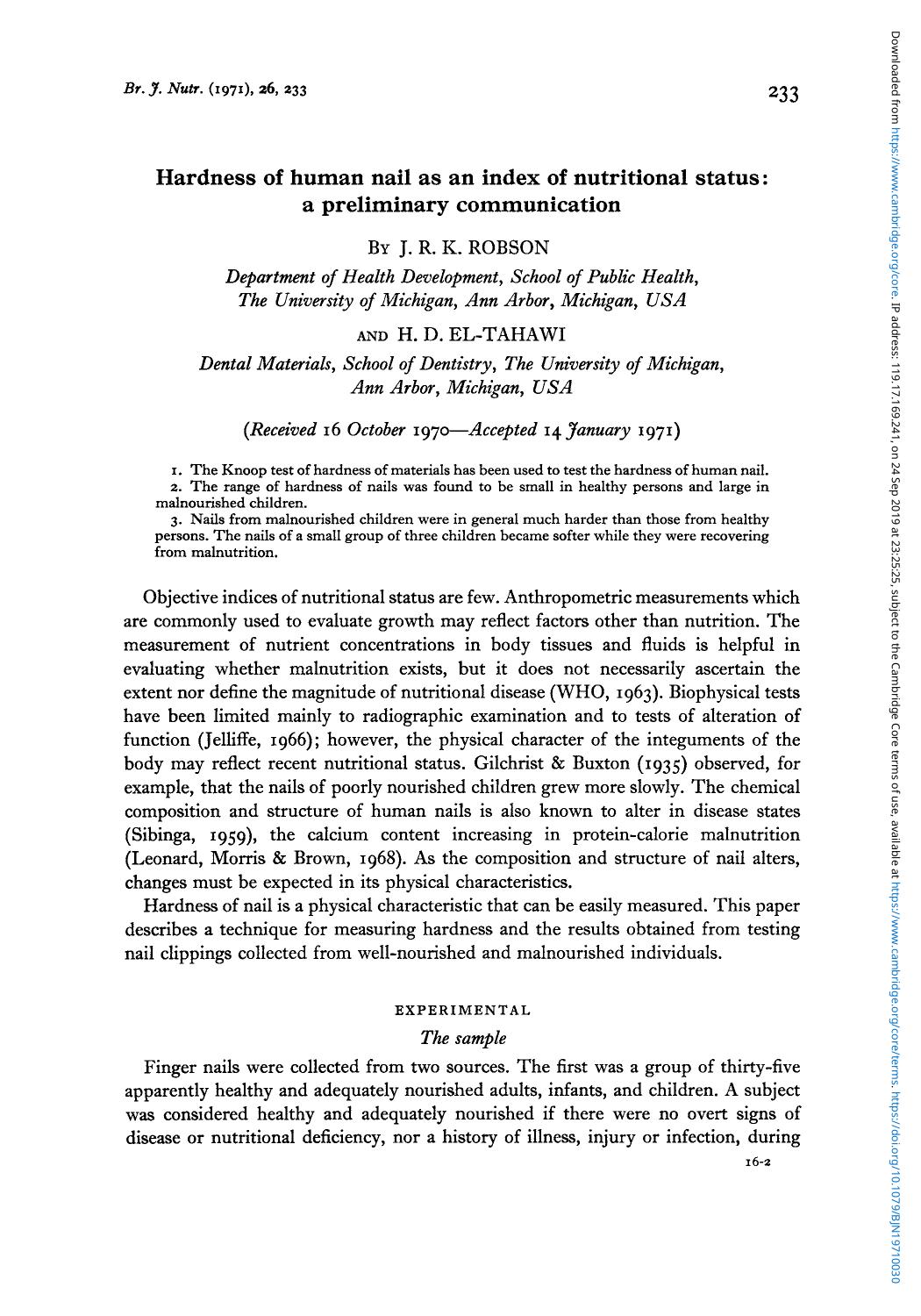 Hardness of human nail as an index of nutritional status: a preliminary communication by J. R. K. Robson H. D. El-Tahawi
