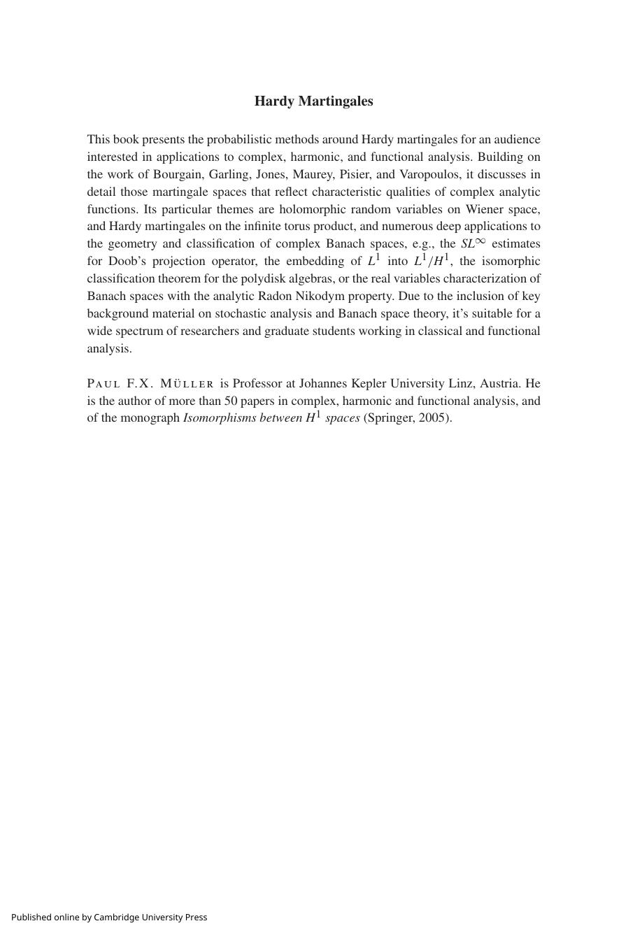 Hardy Martingales: Stochastic Holomorphy, L^1-Embeddings, and Isomorphic Invariants by Paul F. X. Müller
