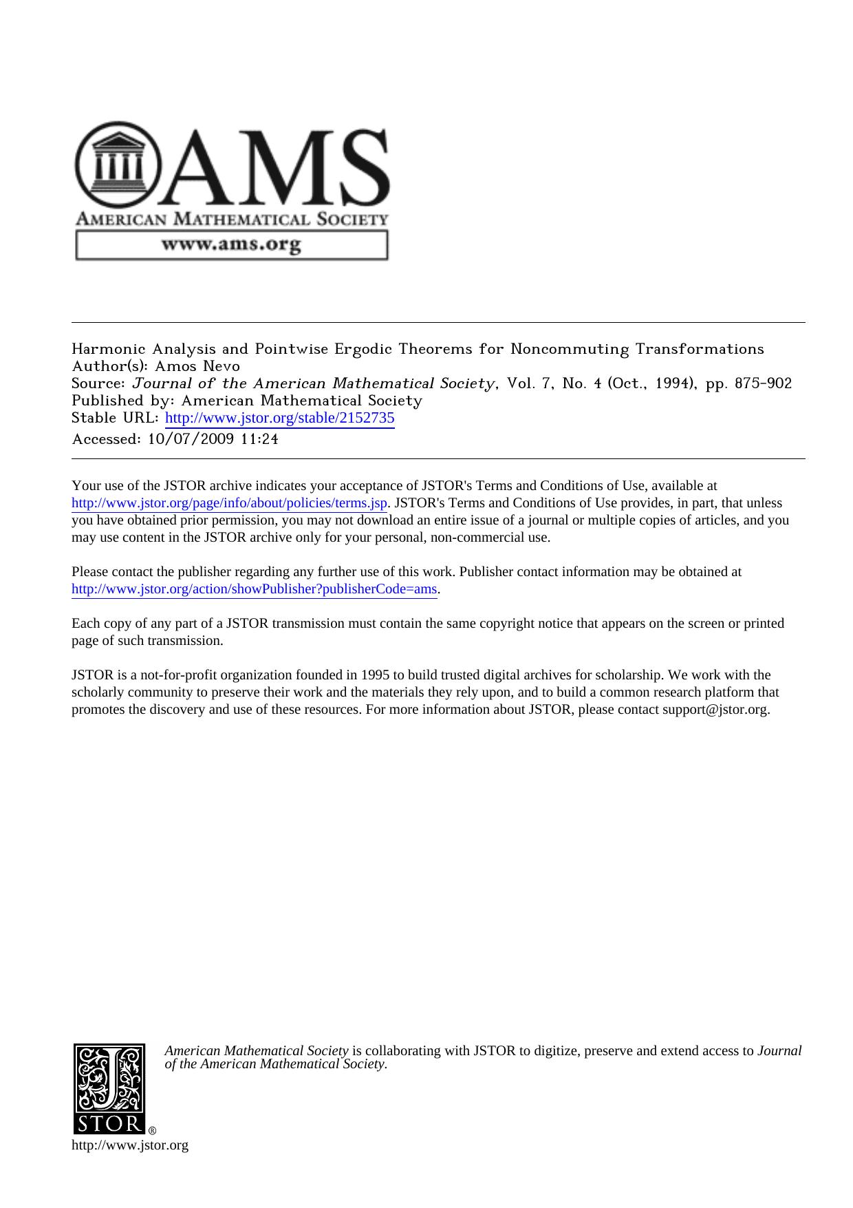 Harmonic Analysis and Pointwise Ergodic Theorems for Noncommuting Transformations by Unknown