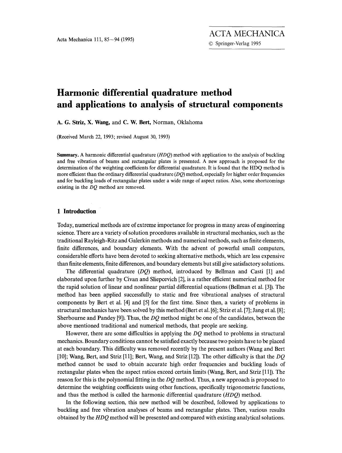 Harmonic differential quadrature method and applications to analysis of structural components by Unknown