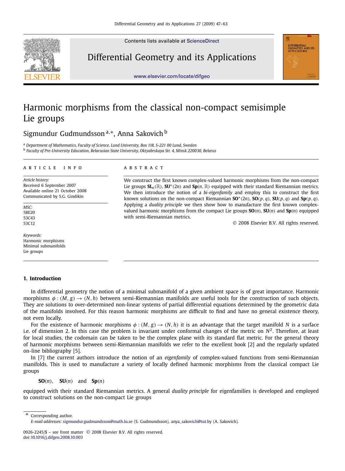 Harmonic morphisms from the classical non-compact semisimple Lie groups by Sigmundur Gudmundsson; Anna Sakovich