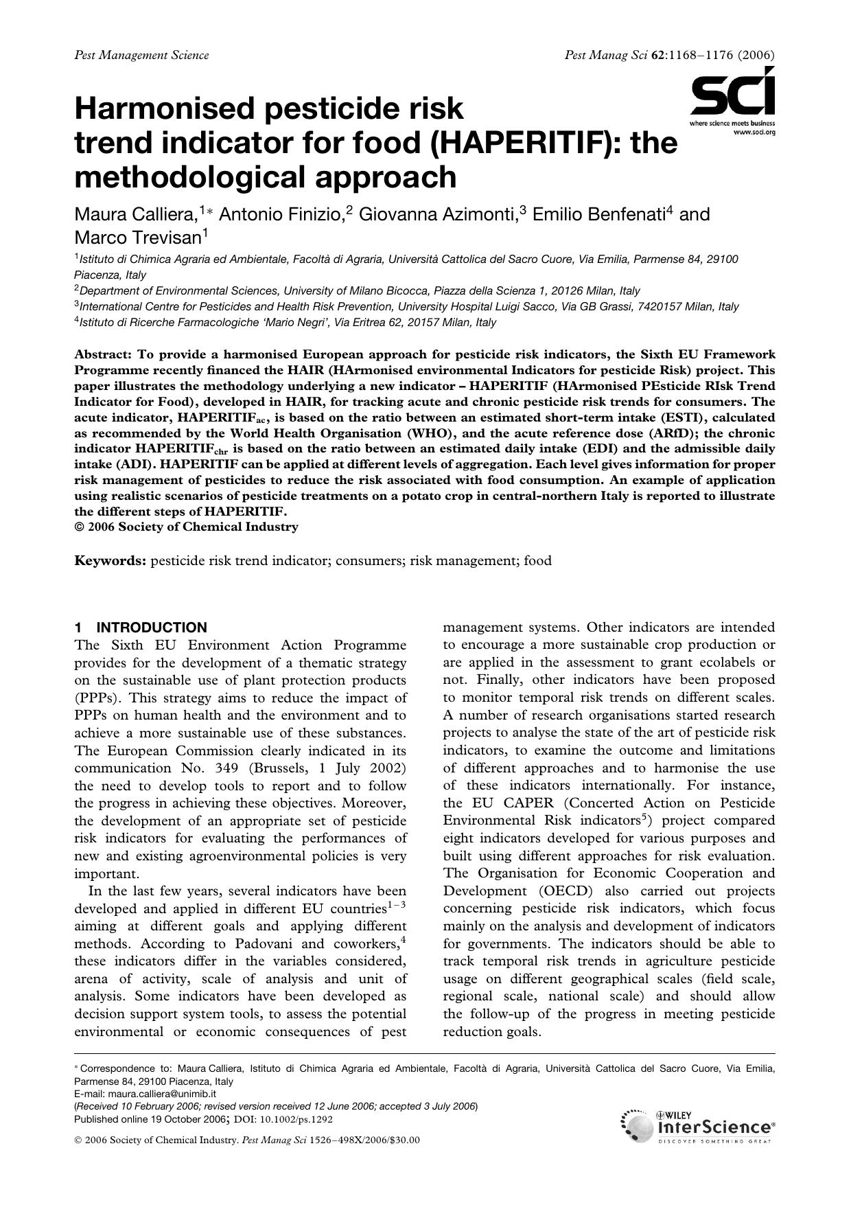 Harmonised pesticide risk trend indicator for food (HAPERITIF): the methodological approach by Unknown