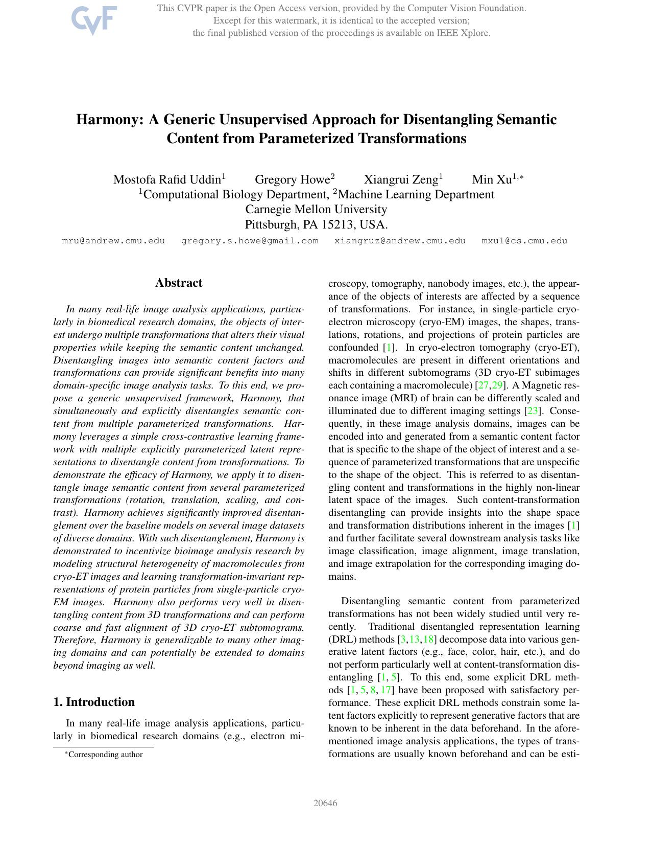 Harmony: A Generic Unsupervised Approach for Disentangling Semantic Content From Parameterized Transformations by Mostofa Rafid Uddin & Gregory Howe & Xiangrui Zeng & Min Xu