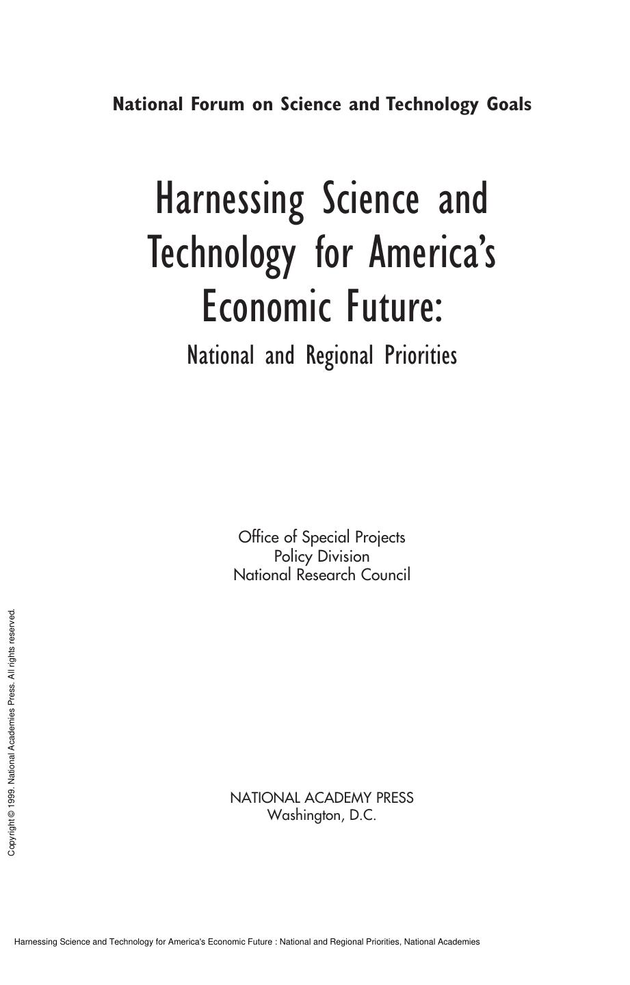 Harnessing Science and Technology for America's Economic Future : National and Regional Priorities by unknow